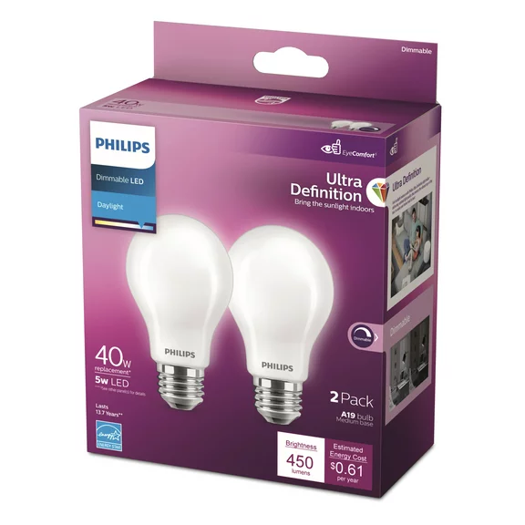Philips Ultra Definition LED 40-watts A19 Light Bulb, Frosted Daylight, Dimmable, E26 Medium Base (2-Pack)