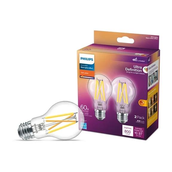 Philips Ultra Definition LED 60-Watt A19 Filament Light Bulb, Clear Soft White, Dimmable, E26 Medium Base (2-Pack)