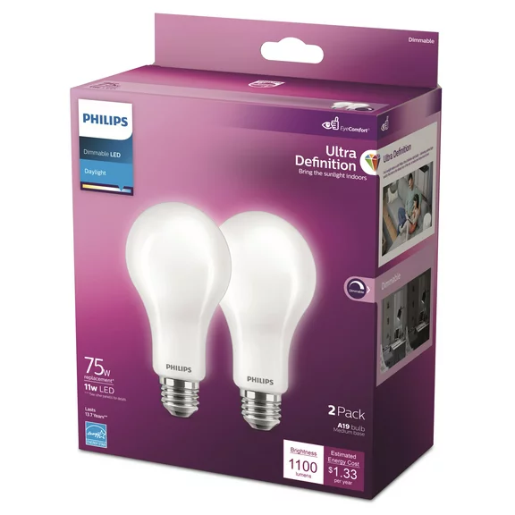 Philips Ultra Definition LED 75-Watt A21 Light Bulb, Frosted Daylight, Dimmable, E26 Medium Base (2-Pack)