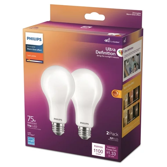 Philips Ultra Definition LED 75-Watt A21 Light Bulb, Frosted Soft White, Dimmable, E26 Medium Base (2-Pack)