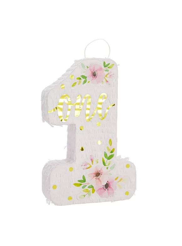 Pink Floral Number 1 Pinata for Girl's 1st Birthday Party Decorations, Gold Foil "One" and Hibiscus Print Designs (11x17x3 In, Small)