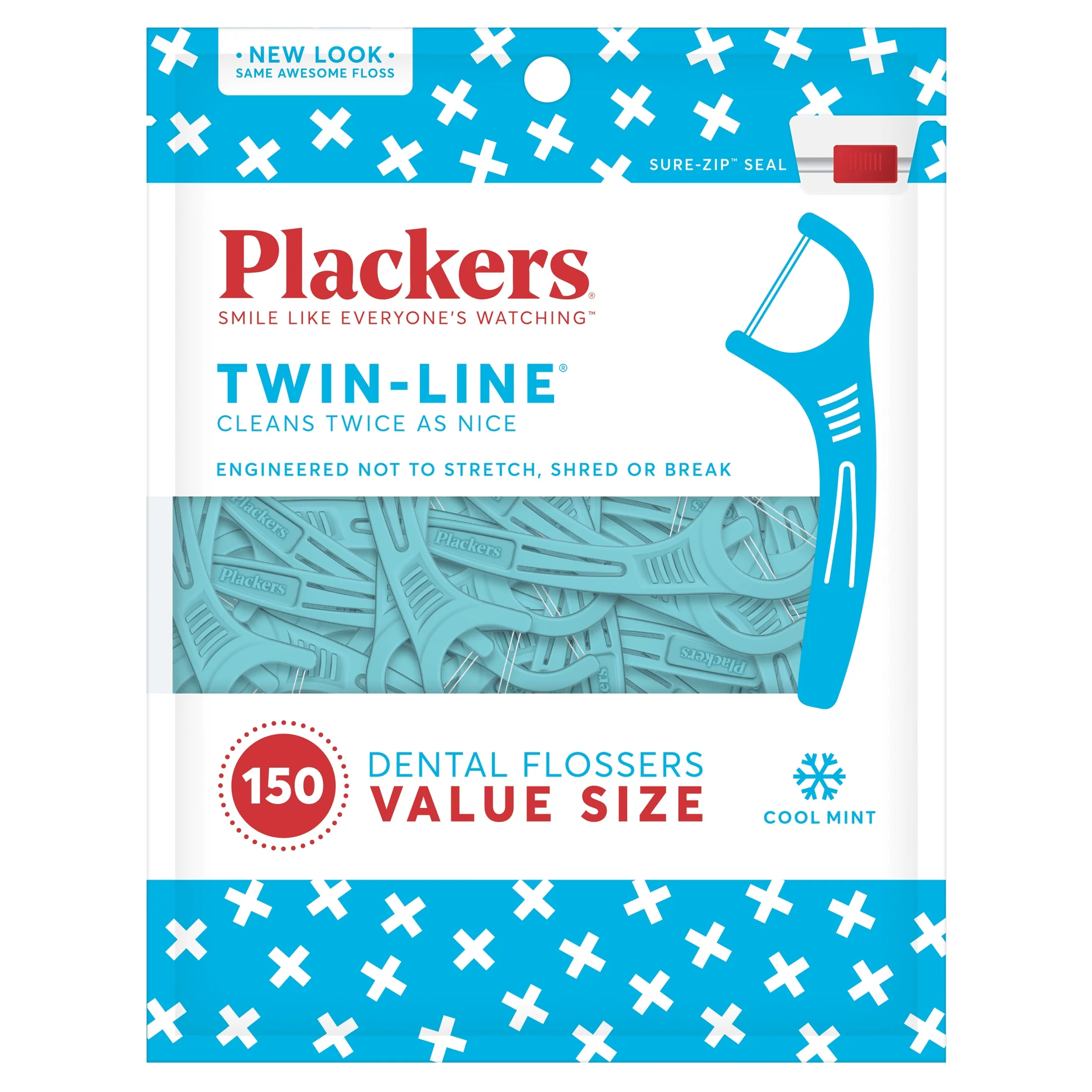 Plackers Twin Line Dental Floss Picks, Dual-Line Tuffloss, Easy Storage, Cool Mint Flavor, 150 Count