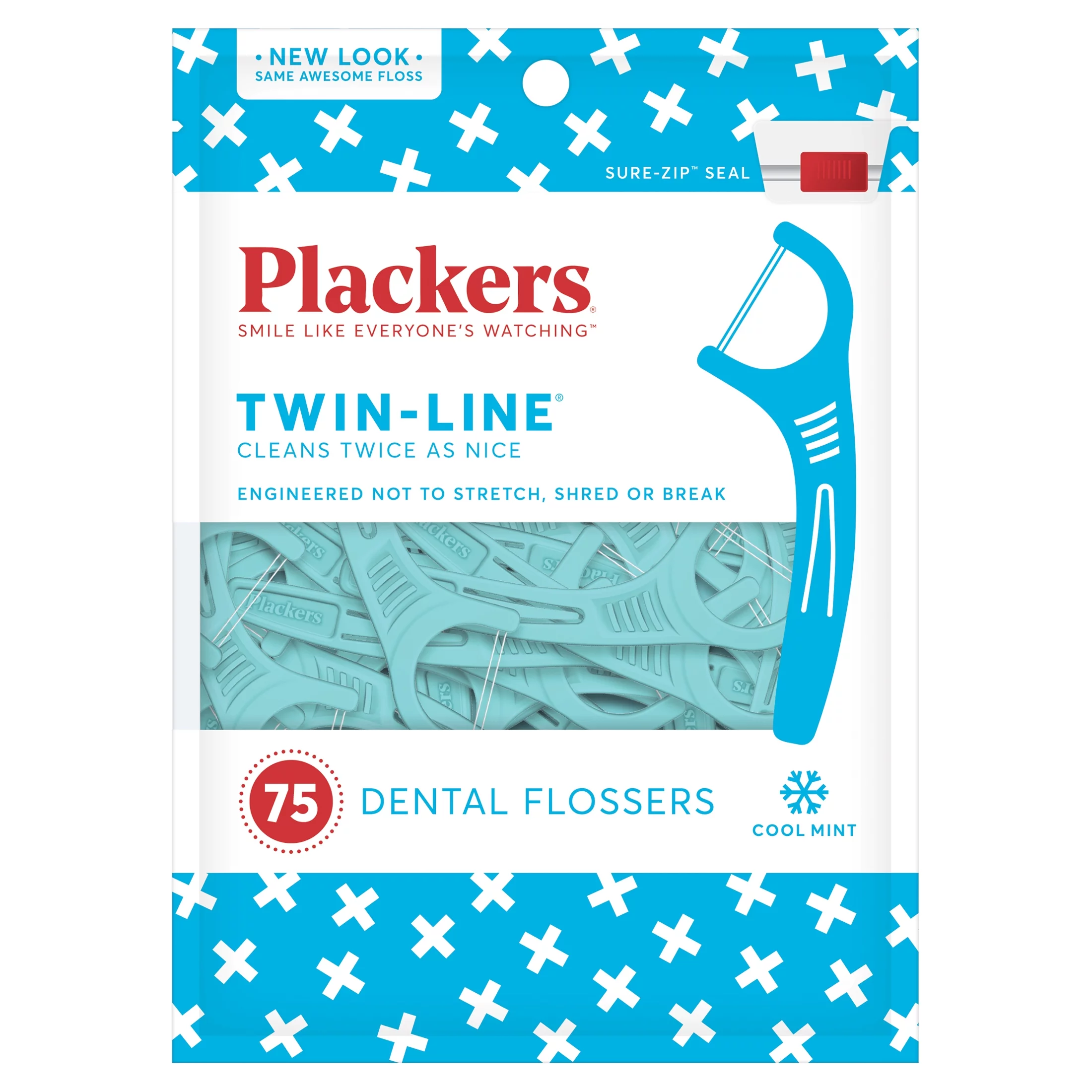 Plackers Twin Line Dental Floss Picks, Dual-Line Tuffloss, Easy Storage, Cool Mint Flavor, 75 Count