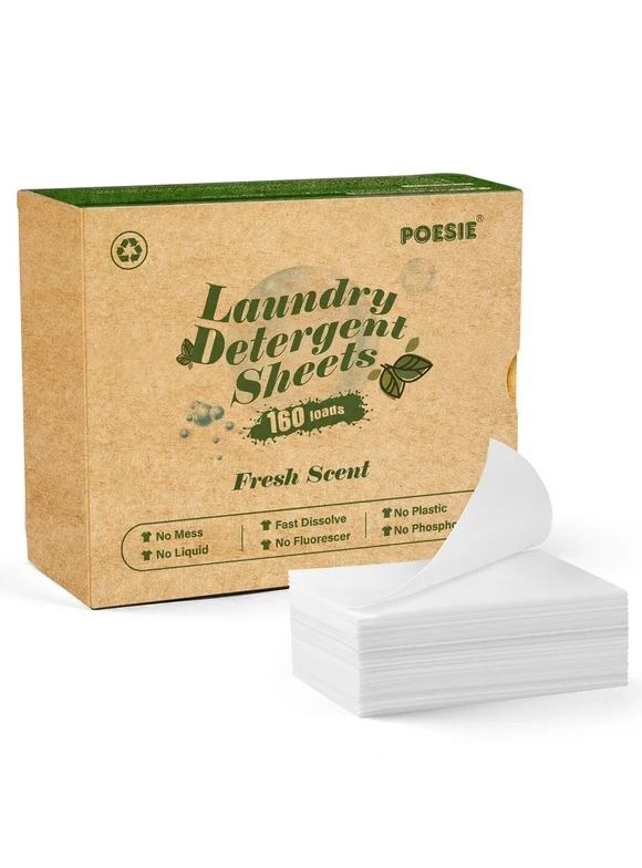 Poesie Laundry Detergent Sheets Fresh Scent Eco-Friendly Clear Plastic-Free Liquid Less 160 Sheets