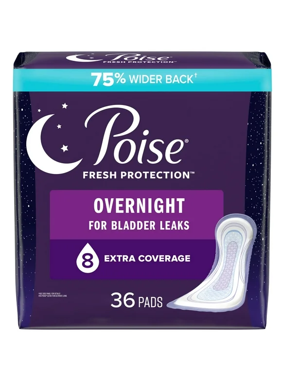 Poise Incontinence Pads for Women, 8 Drop, Overnight Absorbency, Extra-Coverage, 36Ct