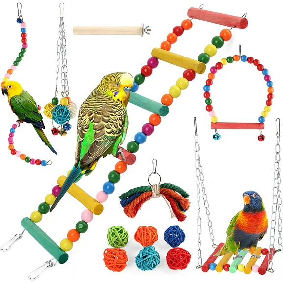 PrimePets 13Pcs Bird Parrot Toys for Cockatiel Conure Finches, Bird Parakeet Cage Swing Hanging Toys