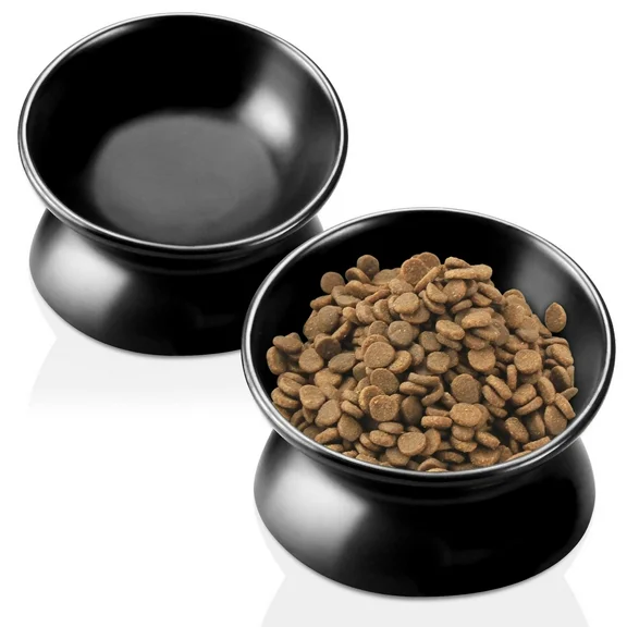 Ptlom Cat Bowls Elevated Dog Bowls Ceramic Tilted Dog Food and Water Bowl Set 2 Black