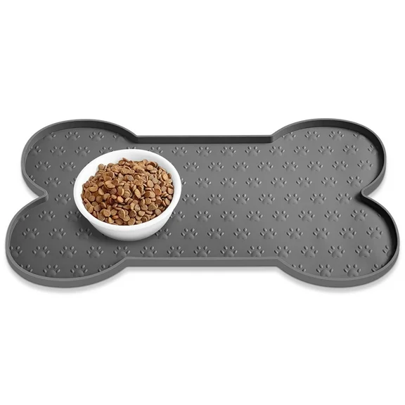 Ptlom Dog Food Mat Silicone Dog Bowl Mat Waterproof Dog Cat Feeding Mat Pet Placemat with Raised Edge (Small, Gray)