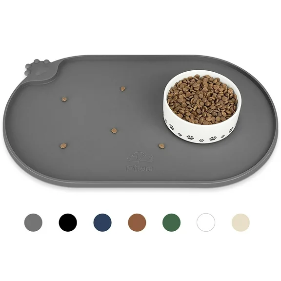 Ptlom Silicone Pet Placemat for Dogs and Cats, Waterproof Pet Feeding Mat Prevent Food and Water Overflow, High-Lips Dog Food Mats, Anti-Slip Cat Mat for Messy Drinkers to Protect Floors, Gray