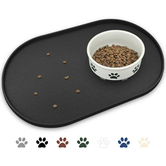 Ptlom Silicone Pet Placemat for Dogs and Cats, Waterproof Pet Feeding Mat Prevent Food and Water Overflow, High-Lips Dog Food Mats, Black