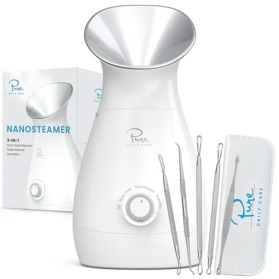 Pure Daily Care NanoSteamer - 3-in-1 Nano Ionic Facial Steamer with Precise Temp Control – Multifunctional Design, Spa Quality & Bonus 5-Piece Stainless Steel Skin Kit - Humidifier | Silver