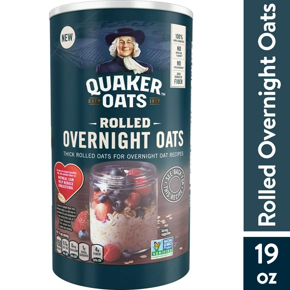 Quaker Rolled Overnight Oats Oatmeal, 19 oz Canister