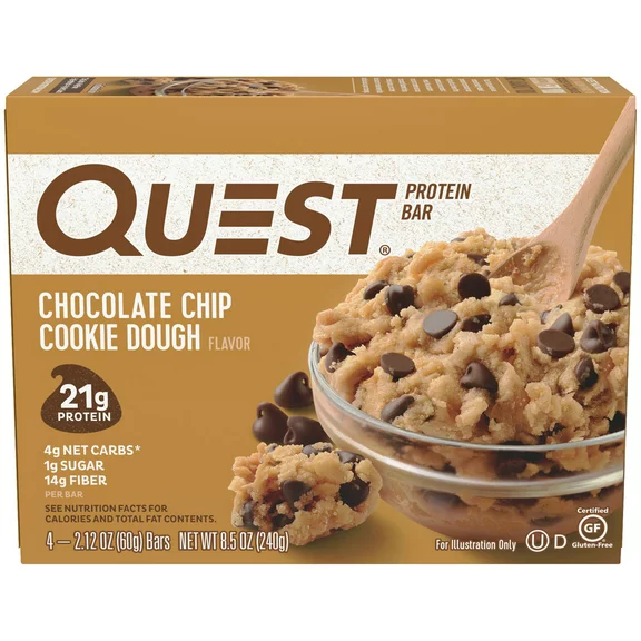Quest Protein Bar, Gluten Free, Low Carb, Chocolate Chip Cookie Dough, 4 Count