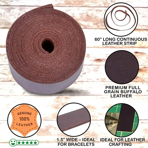 RAW HYD Full Grain Buffalo Leather Strip, Fine Brown Leather Straps Ideal for Crafts DIY Belts, and More (1.5" x 60")