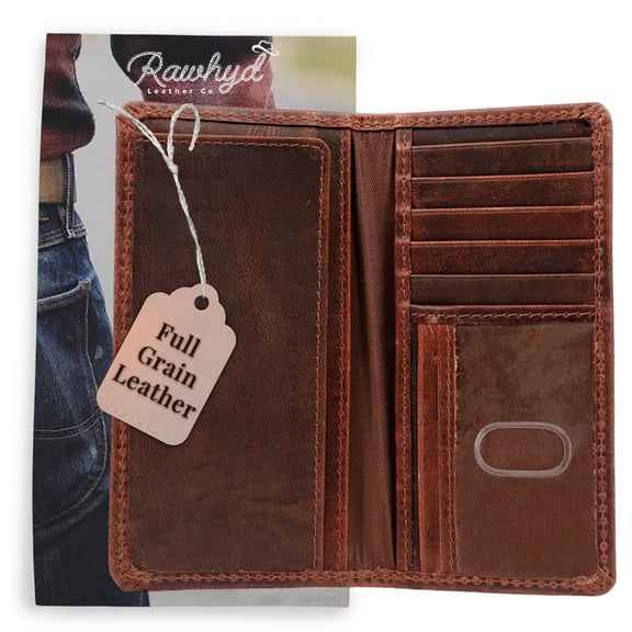 RAWHYD Full Grain Leather Long Bifold Wallet for Men, Checkbook Wallet, Hunter Brown