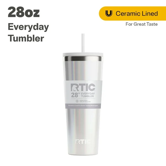 RTIC 28 oz Ceramic Lined Everyday Tumbler, Spill-Resistant Straw Lid, White Glitter