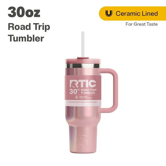 RTIC 30 oz Ceramic Lined Road Trip Tumbler, Leak-Resistant Straw Lid, Dusty Rose Glitter