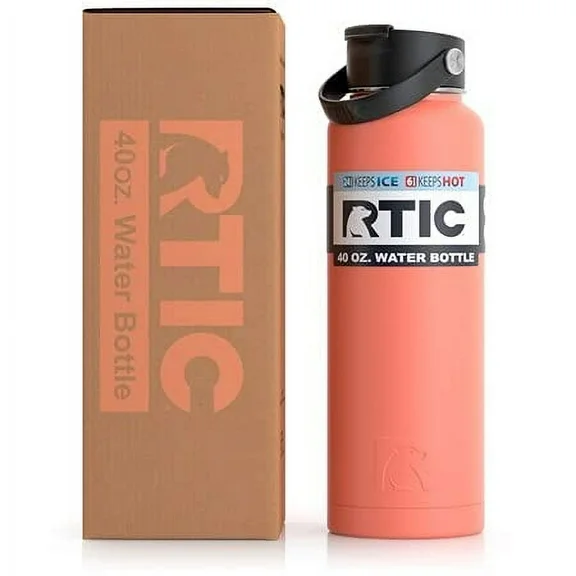 RTIC 40 oz Stainless Steel Insulated Bottle, Wide Mouth Multi-Use Lid, Coral