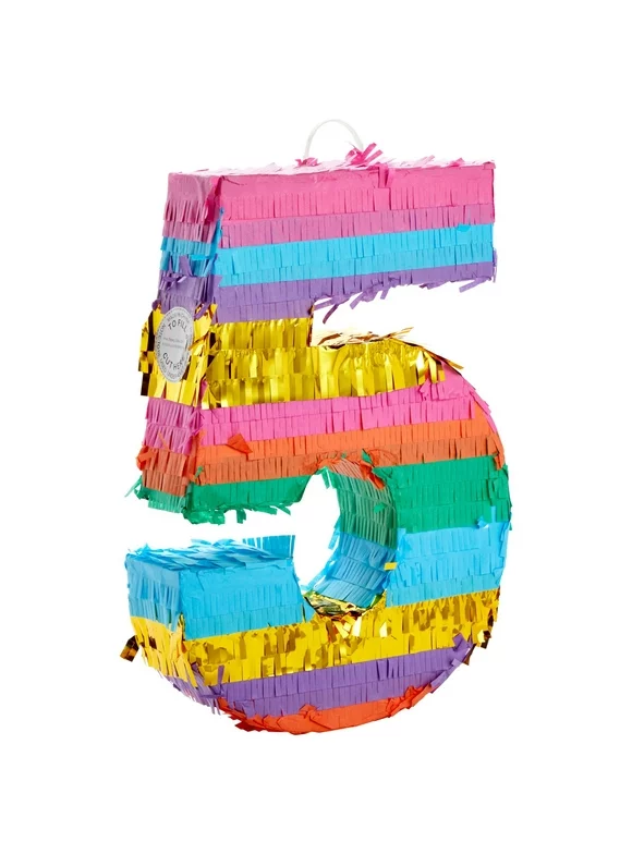 Rainbow Number 5 Pinata for 5th Birthday Party Decorations, Fiesta , Cinco de Mayo Celebration (Small, 12 x 16.5 x 3 In)