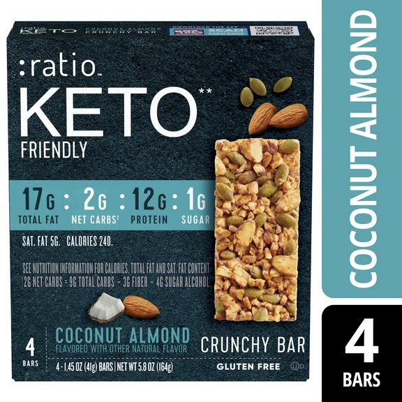 Ratio Crunchy Bar, Coconut Almond, 12g Protein, Keto Friendly, 5.8 OZ (4 Bars)