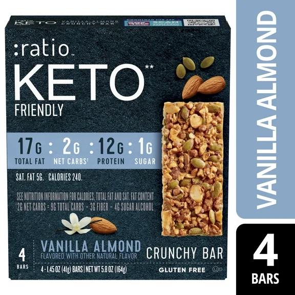 Ratio Crunchy Bar, Vanilla Almond, 12g Protein, Keto Friendly, 5.8 OZ (4 Bars)