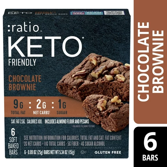 Ratio Soft Baked Bars, Chocolate Brownie, 1g Sugar, Keto Friendly, 5.34 OZ (6 Bars)