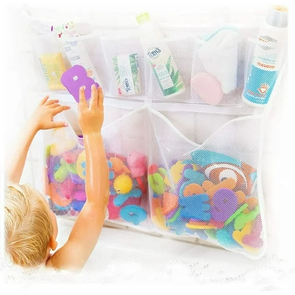 Really Big Bath Toy Storage ,  Bathroom Hanging Bathtub Toy Organizer with Suction Adhesive Hooks, Mesh Net Shower Caddy for Baby, Kids, Toddlers Bath, with Letters & Rubber Duck