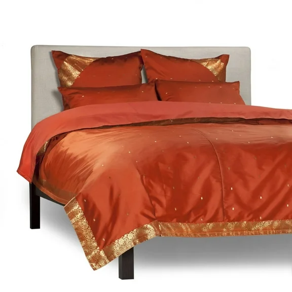 Rust-5 Piece Handmade Sari Duvet Cover Set with Pillow Covers / Euro Sham-Full