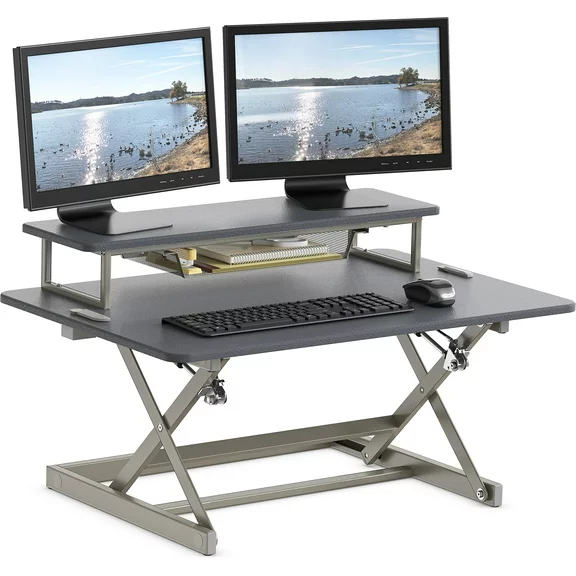 SHW 36-Inch Over Desk Height Adjustable Standing Desk With Monitor Riser, Gray