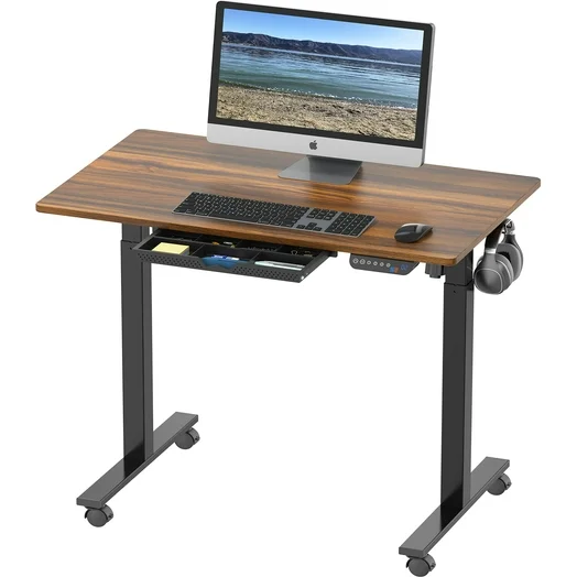 SHW 40-Inch Electric Height Adjustable Desk with Drawer and Hooks, Walnut