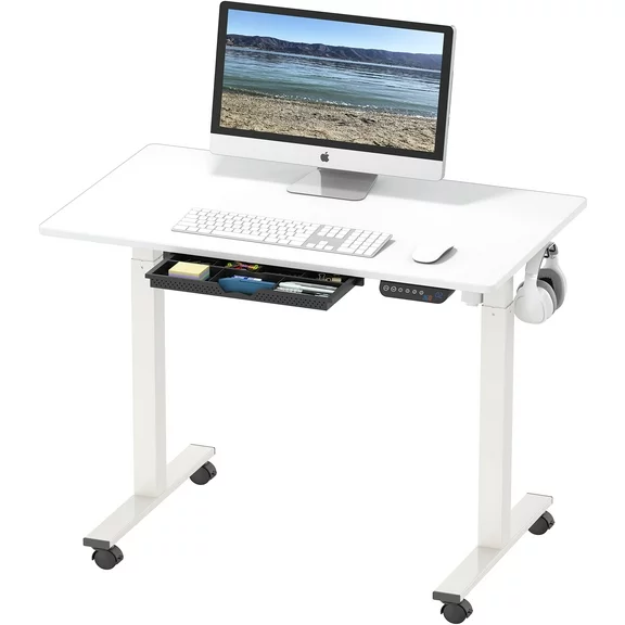 SHW 40-inch Electric Height Adjustable Desk with Drawer and Hooks, White