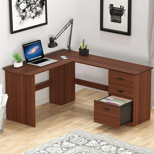 SHW Cyrus Large L-Shaped Desk with BBF, Walnut