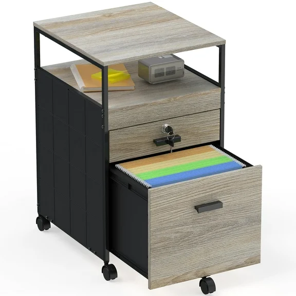 SHW Rolling File Cabinet w/ 2 Drawers & Open Shelf, Maple