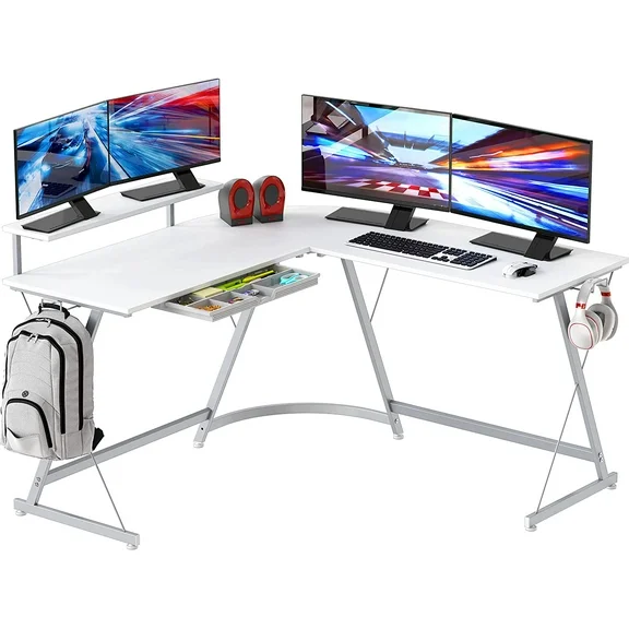 SHW Vista L-Shape Adjustable Desk with Monitor Stand, White