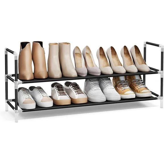 SONGMICS 2-Tier Stackable Shoe Rack with Shelves Metal Shoe Shelf Storage Organizer for Closet Entryway, Black