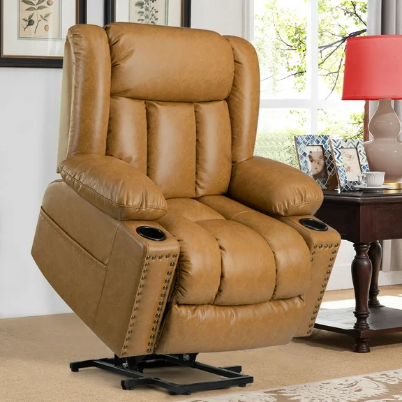 SONORO KATE Large Power Lift Recliner for Elderly with Massage and Heat, 41" Wide Breathable Leather Chair, Caramel