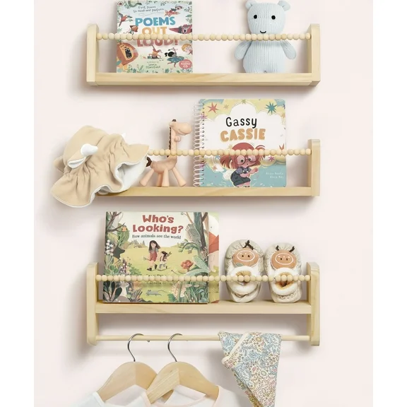 SUMGAR  Nursery Floating Shelves for Wall Set of 3, Kids Bookshelf Toy Storage Organizer Natural Wood Shelves Wall Mounted for Kids Room, Bedroom and Kitchen