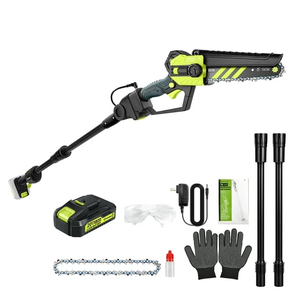Saker Pole Saw, 6 Inch Brushless Mini Chainsaw with 6.5ft Extension Rod, 20V 2.0Ah Li-ion Battery with 2 Chains