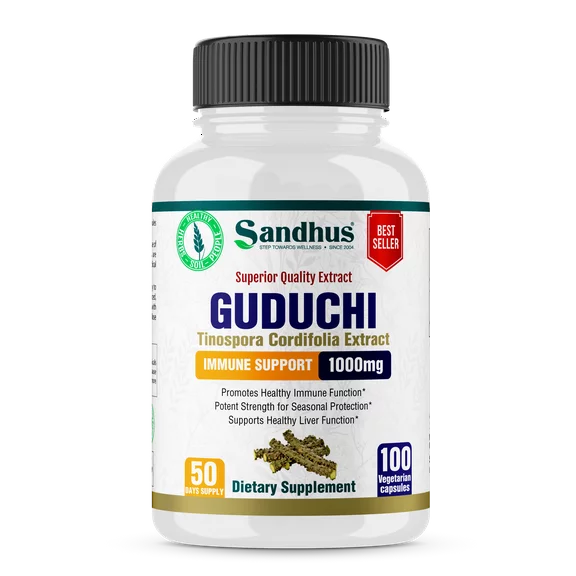 Sandhu's Guduchi 1000mg, Herbal Supplement for Immune & Liver Health, Offers 100 Veggie Capsules