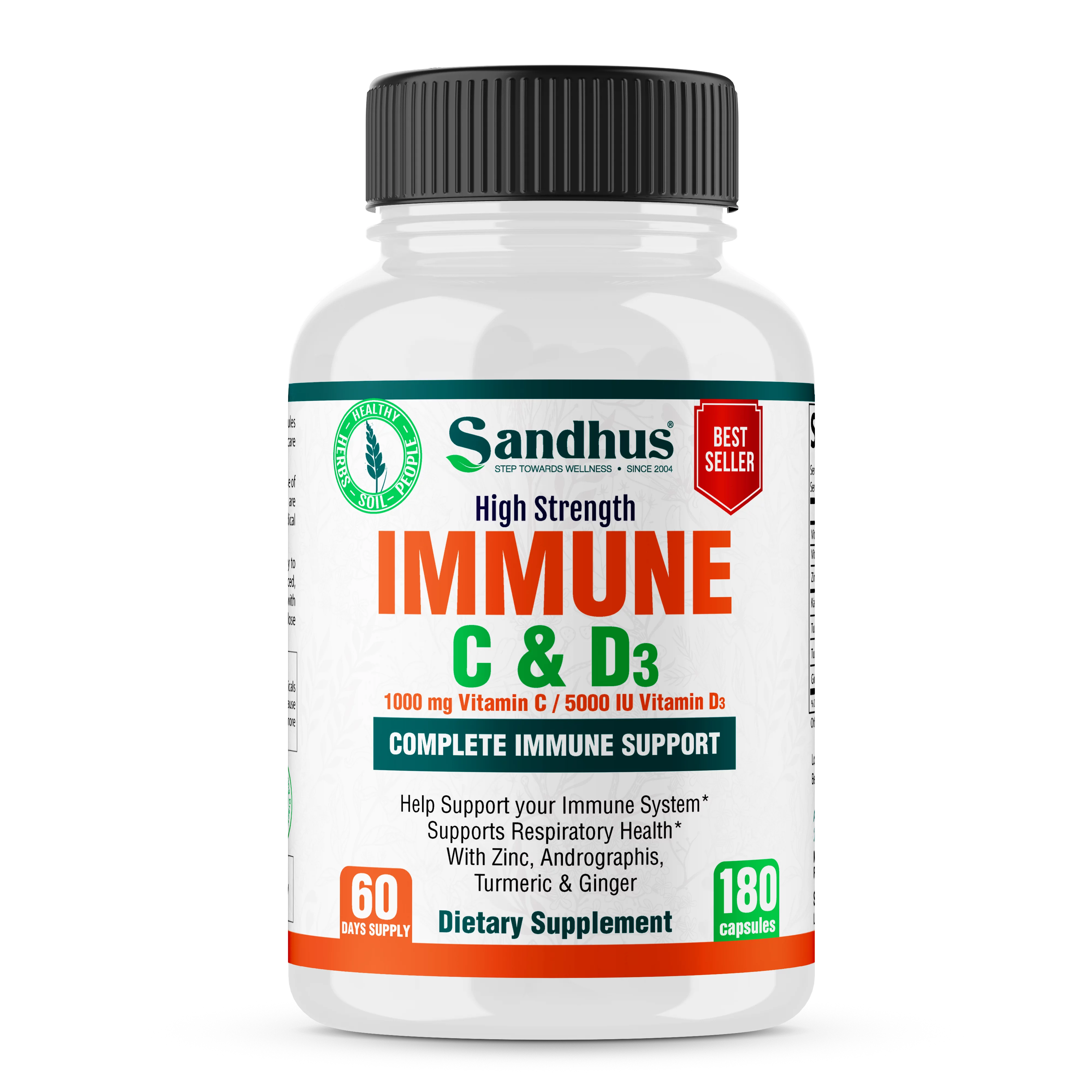 Sandhu's High Strength Immune C & D3 Supplement Capsules, Complete Immune Support, 1000mg, 180 Ct