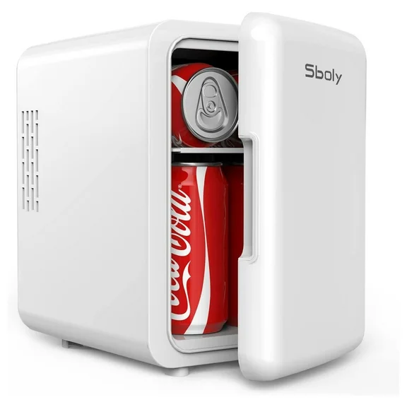 Sboly Mini Fridge, 4L Portable Dorm Refrigerator, 6 Can Portable Cooler, Mini Beverage Personal Fridges for Skincare Car Dorm, White