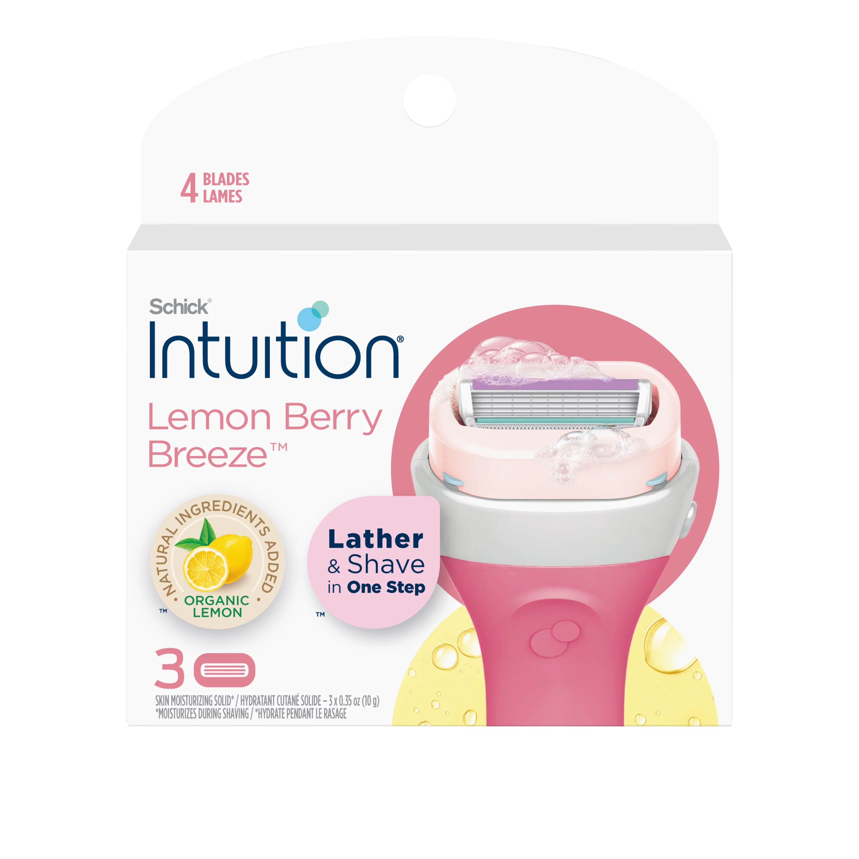Schick Intuition 4-Blade Lemon Berry Breeze Razor Cartridge Refills, 3ct, Lather & Shave In One Step, With Organic Lemon