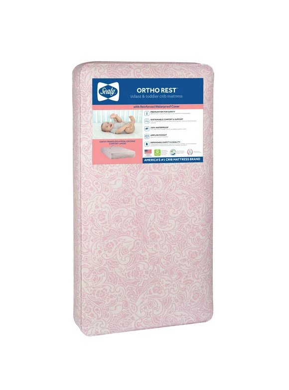 Sealy Ortho Rest Premium Firm Baby Crib & Toddler Mattress, 150 Coil, Pink