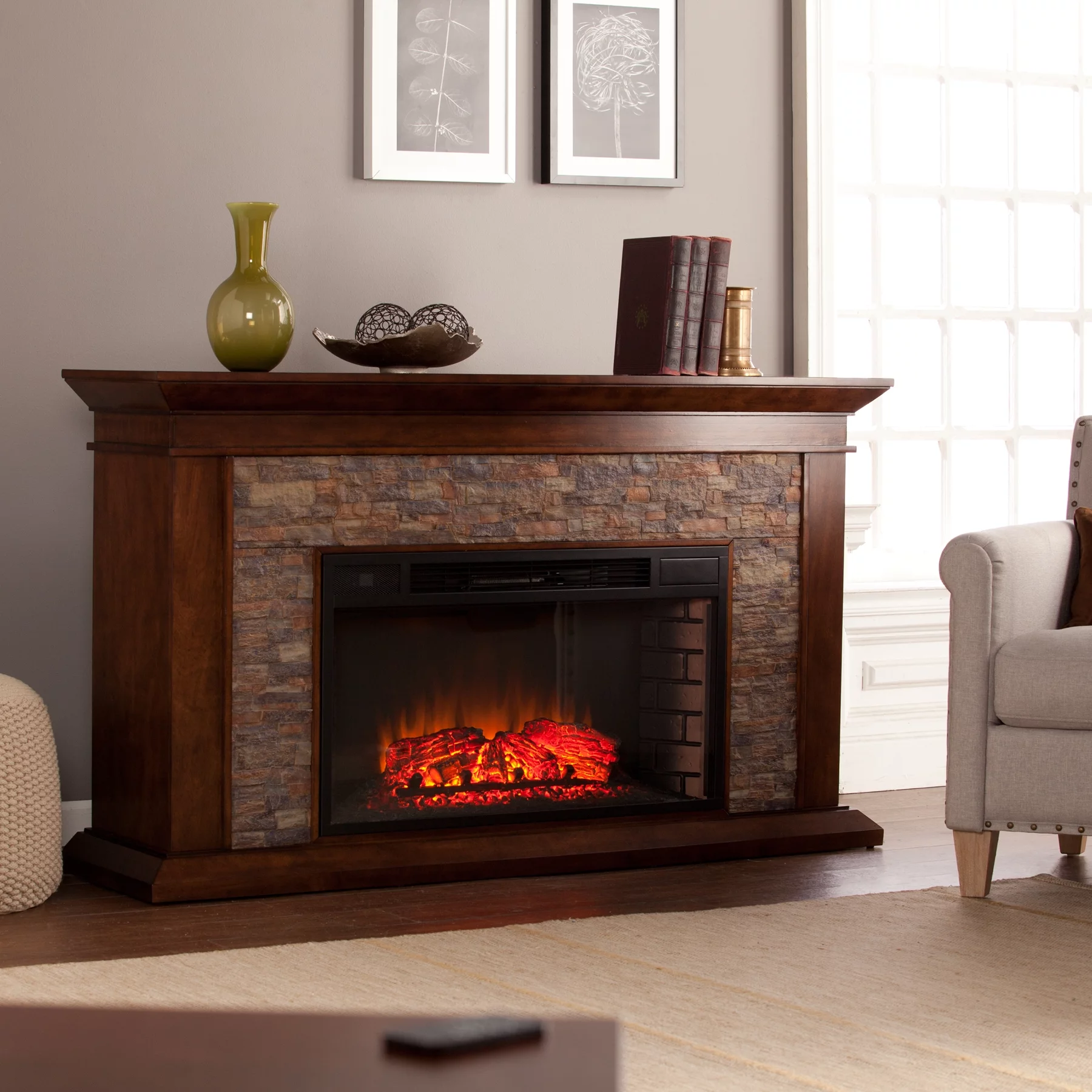 Sei Bodilla Traditional style Electric Fireplace in Whiskey maple with Durango faux stone finish
