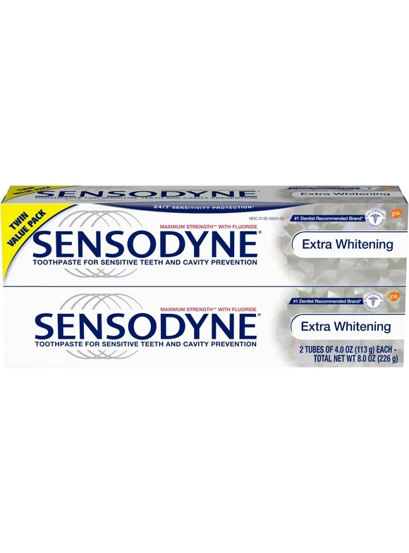 Sensodyne Sensitivity Toothpaste, Extra Whitening, for Sensitive Teeth, 24/7 Protection, 4 ounce (Pack of 2) - Unflavored