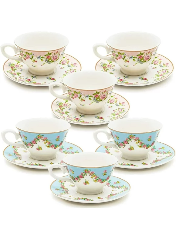 Set of 6 Vintage Floral Tea Cups and Saucers for Tea Party Supplies (Blue, Pink, 8oz)