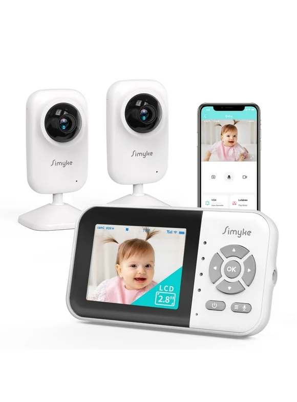 Simyke Upgrade Video Baby Monitor with 2 Cameras and Audio 2.8" Screen, Night Vision, APP, 2 Way Talk, 1200ft Long Range, Feeding Clock, Temperature Detection, Portable Wireless Baby Cam Home Use