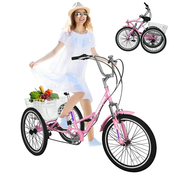 Slsy Adult Folding Tricycle for Adults, 7 Speed 20/24/26 inch 3 Wheels Bikes with Basket, Foldable Tricycle for Adults, Women, Men, Seniors