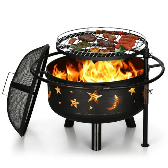Sophia & William 30" 2 in 1 Wood Burning Fire Pit for Camping Picnic Bonfire with with Cover, Poker, BBQ Net - Black
