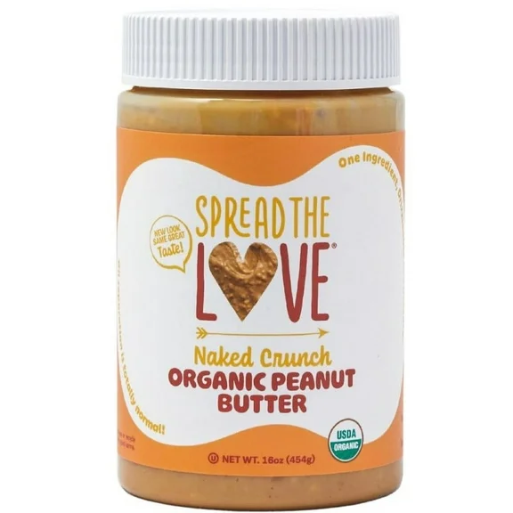 Spread The Love NAKED Crunch Organic Peanut Butter, Vegan, Palm-Oil Free, No Salt, 7G Protein, 16 oz
